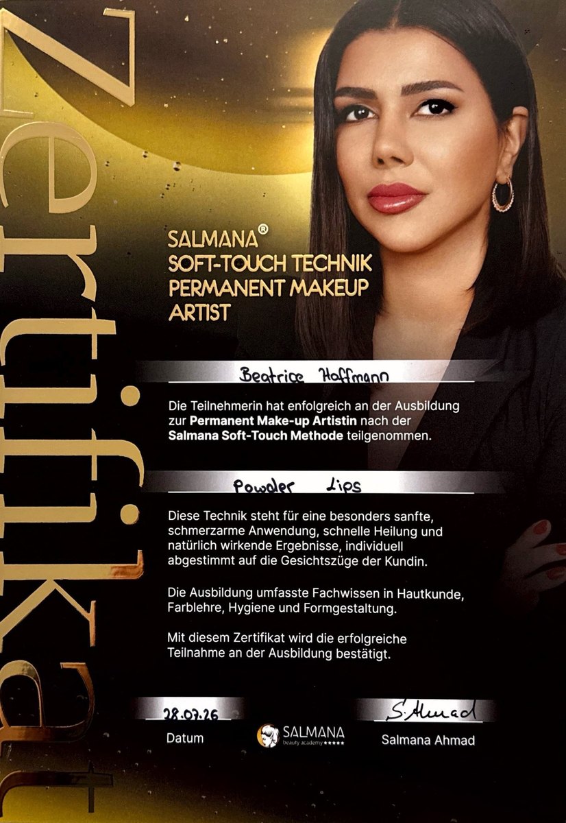 Zertifikat Powder Lips — Salmana Soft-Touch Technik, Beatrice Hoffmann